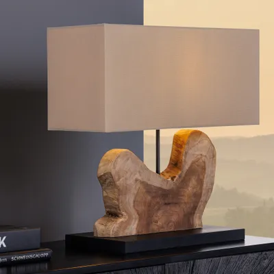 Produktbild von riess-ambiente Tischlampe HYPNOTIC 50cm natur Teakholz beige mit Leinenschirm Tischleuchte Lampe Leuchte