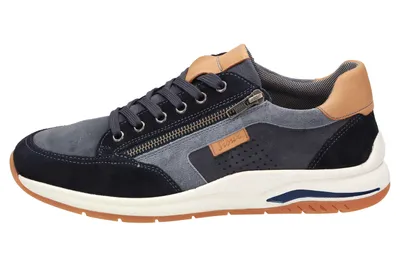 A side view of a blue and tan sneaker.