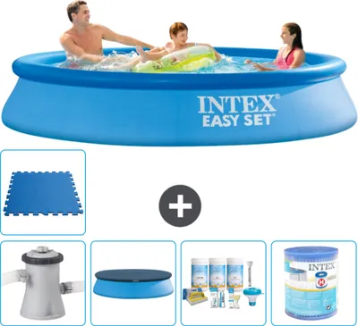 Produktbild von Intex runder aufblasbarer Easy Set-Schwimmpool – 305 x 61 cm – Blau – inklusive Pumpe Abdeckung - Wartungspaket - Filter - Bodenfliesen