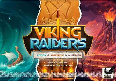 The image is a marketing graphic for the board game Viking Raiders, split into two distinct scenes: a stormy sea with a Viking ship on the left, and a volcanic landscape with lava on the right. The game title is prominently displayed in the center.