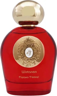 A red glass perfume bottle with a gold cap and a decorative gold emblem on the front.