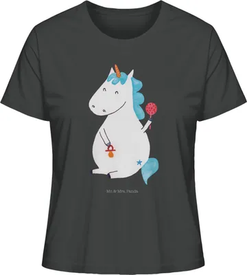 Produktbild von Mr. & Mrs. Panda Baumwollshirt Damen Einhorn Baby Größe XL - Anthrazit - Geschenk, Unicorn, shirt, Einhörner, Sommershirt, Party, Oberteil, Bio T-Shirt, Kurzarmshirt