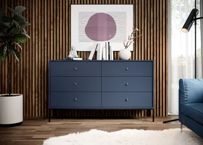 Produktbild von MOLLY Serie Kommode, Blau, modern, minimalistisch, mit geräumigen ausziehbaren Schubladen, 16mm Schichtstoffplatte, ABS-Kante, Metallrahmen mit hohen schwarzen Beinen, goldene Griffe, H 0,91 x B 1,54 x T 0,39 m