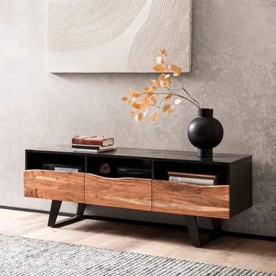 Immagine prodotto di WOHNLING Mobile basso in legno massello di acacia 140x50x40 cm Mobile TV con bordo naturale Nero Mobile TV alto con cassetto Tavolino TV Mobile TV moderno