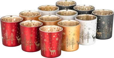 Produktbild von 12er Set Teelichthalter Weihnachten Glas Windlicht Weihnachten Teelichtgläser Teelichtglas Kerzengläser Weihnachtsdeko Teelicht Weihnachts Windlichter Glas Deko