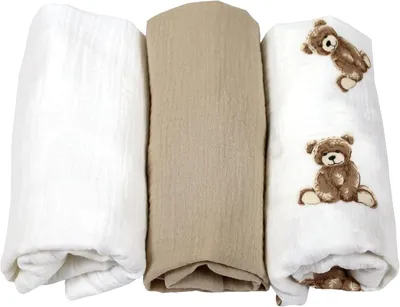 Produktbild von BabyLux Musselin Spannbettlaken Set – 3er Pack (40x80 cm) für Kinderwagen, Stubenwagen, Babybett & Wiege Matratzenbezug z11 Weiß-Sand-Bär
