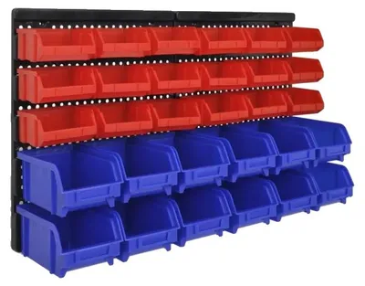 Obrázok produktu pre Organizér na náradie, 32-dielny úložný systém, modulárne dosky 32 x 38 x 2 cm, stohovateľné boxy, 30 vyberateľných boxov, modrá a červená