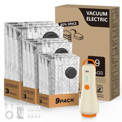 Image de Sacs de rangement sous vide pour vêtements, avec pompe sans fil, lot de 9 | Sacs réutilisables pour gagner de la place, idéaux pour les voyages et la maison