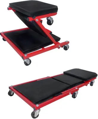Two views of a red and black foldable mechanic's creeper/seat on a white background.