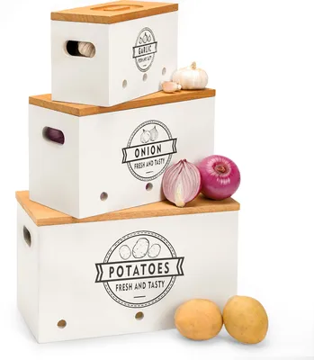 Produktbild von Kartoffel Aufbewahrungsbox 3er Set, Kartoffeln, Knoblauch und Zwiebel Aufbewahrung mit Deckel (Weiß)