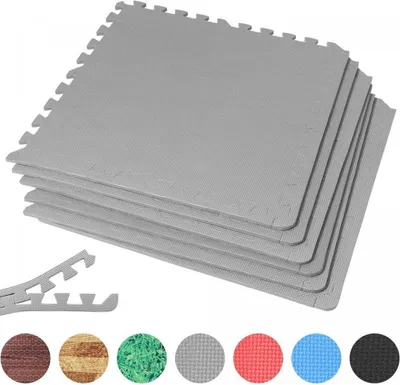 A stack of gray interlocking foam mats with a few edge pieces shown separately, and a row of colored circles below representing different available colors.