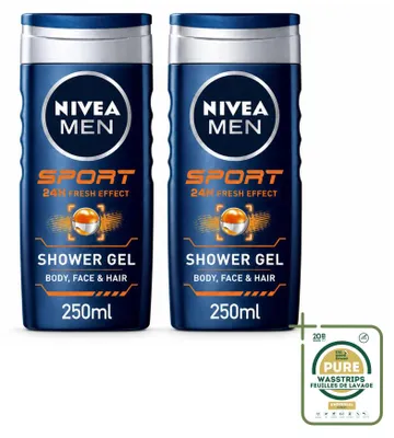 Immagine prodotto di 2 confezioni di gel doccia NIVEA MEN Sport, 250 ml ciascuna, confezione risparmio, 2 pezzi