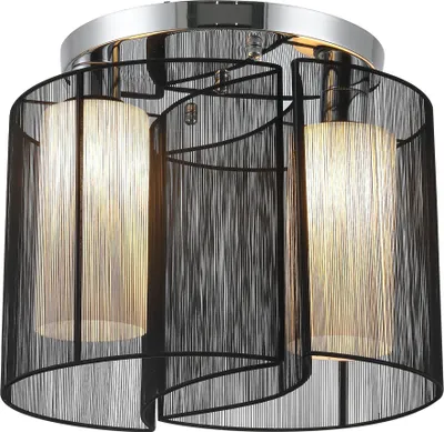 A close-up studio shot of a black, two-light ceiling lamp with a chrome base and decorative mesh shades.