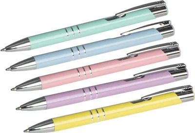 Produktbild von 5 Kugelschreiber "Pastell" aus Metall / Pastell-lila,blau,mint,rosa,gelb