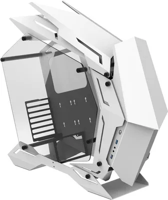 A white computer case with a glass side panel, shown at an angle against a white background.