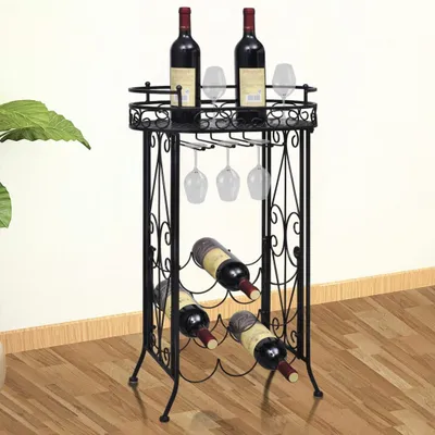 Produktbild von vidaXL Weinregal Metall 9 Flaschen mit Stielglashalter, integriertem Serviertisch, Schwarz, Standregal mit Wandbefestigung, rostfrei, 46 x 28.5 x 77.5 cm (B x T x H)