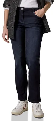Productafbeelding van Cecil Damen B378395, model Scarlett, rechte snit, blauw/zwart. Kleur: blauw/zwart, gewassen