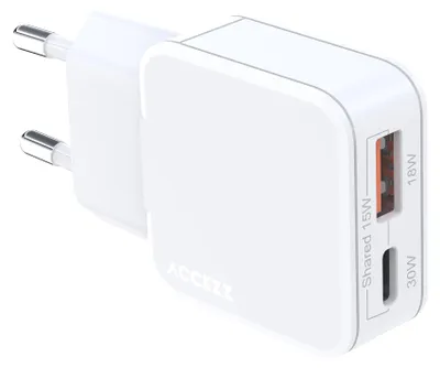 Produktbild von Accezz Ultra Slim GaN Ladegerät - USB-C + USB-A - 30 W - Weiß