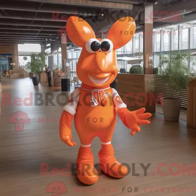 Productafbeelding van Mascottefiguur REDBROKOLY van een oranje kreeftenbisque gekleed met een overhemd met knopen en hoofdbanden