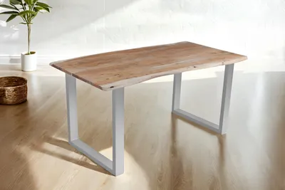 Produktbild von Esstisch Baumkante Akazie massiv eichenfarben 160 x 85 cm U-Gestell silber DEREK