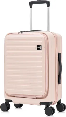 A pink suitcase with a retractable handle and wheels, shown against a white background.