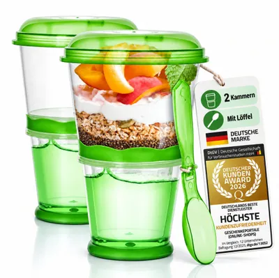 Produktbild von Müsli to Go Becher Set (2 Stück) in Grün mit Löffel & isoliertem Kühlfach - Idealer Joghurtbecher für Unterwegs, Schule & Büro, 330ml