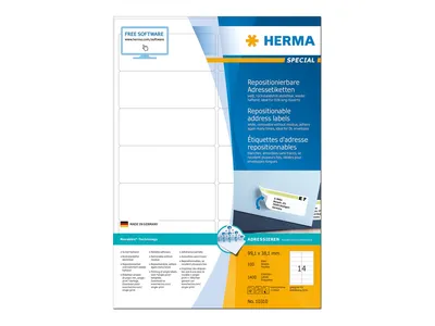 Image de Étiquettes d'adresse HERMA, format A4, repositionnables, blanches, mates, 99,1 x 38,1 mm, boîte de 1400 pièces