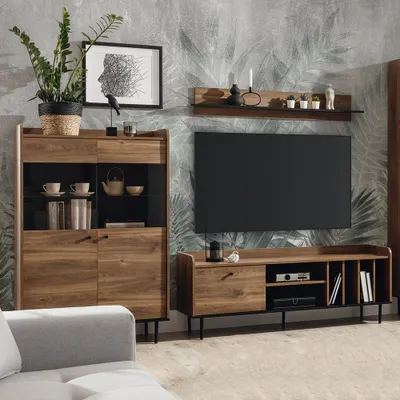 Produktbild von Wohnzimmer Möbel Set Eiche Nb. im Vintage Stil VAREDO-132 150 cm Lowboard, Wandboard und Highboard, B/H/T: ca. 255/180/40 cm