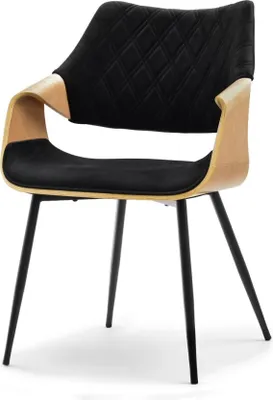 A studio shot of a black and wood accent chair with black metal legs.