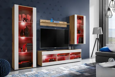 Produktbild von Komodee | Wohnwand mit TV-Schrank und Vitrine Tivoli Set Medio, Korpus Wotan Matt Frontfarbe Weiß Matt, LED RGB