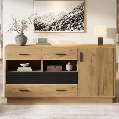 Immagine prodotto di Mobile contenitore laterale Merax con 6 cassetti e 1 anta, armadio per soggiorno con 12 scomparti, mobile contenitore con chiusura ammortizzata, in MDF, effetto legno nero