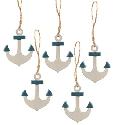 Produktbild von 10 weiß blaue Holzanker zum Aufhängen - 5 cm - als Glücksbringer Souvenier5 Stück
