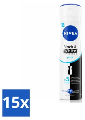 Imagen del producto de 15 unidades de desodorante en spray NIVEA Black & White Invisible Pure, 150 ml. Paquete económico