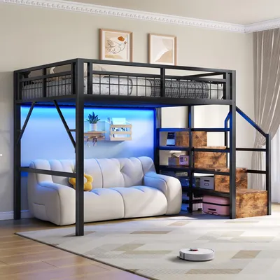 Obrázek produktu pro Merax Patrová postel 140x200 cm, kovová postel s LED osvětlením, schody s úložným prostorem, dětská postel, postel pro mládež, černá