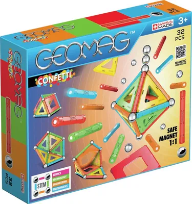 Produktbild von GEOMAG - CLASSIC CONFETTI - 32 Teile - Magnetische Baustein für Kinder ab 3 Jahren - Hergestellt in der Schweiz - Magnetisches Konstruktionsspielzeug mit 12 Stäben, 9 Kugeln, 11 Fliesen - STEM