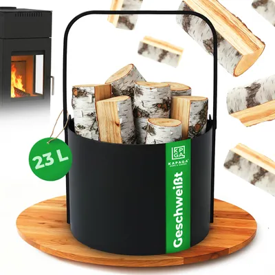 A metal basket filled with firewood, placed on a wooden base, with a fireplace in the background and some firewood pieces floating around.