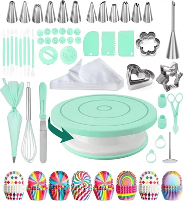 Produktbild von Torten Zubehör, Backzubehör,Torten Zubehör Set,Tortenplatte Drehbar,Tortenplatte,Backen Zubehör,Kuchen Zubehör für Anfänger und Profis - Cake Stand, Drehteller Torte & Kuchen Zubehör(Grün)