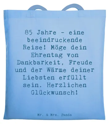 Produktbild von Mr. & Mrs. Panda Uni Tasche Spruch 85. Geburtstag - Sky Blue - Geschenk, Einkaufstasche, Liebsten, Beutel, Tote Bag, Herzlichen Glückwunsch, Stoffbeutel, Freude, Feier