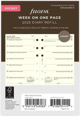 Produktbild von FILOFAX Kalendereinlage 2025 - POCKET - 1 Woche = 1 Seite - Baumwolle cream mehrsprachig - 25-68239