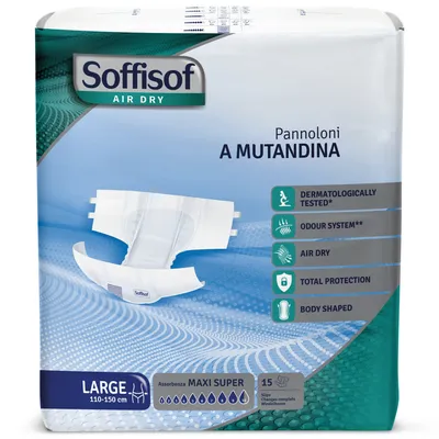 Immagine prodotto di 15x Soffisof Air Dry Maxi Super L – Pannoloni per Anziani e adulti – 1 confezione da 15 Pannoloni con adesivi, 9,5 gocce