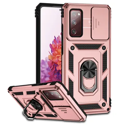 Immagine prodotto di Custodia per Samsung Galaxy S20 FE / S20 FE 5G a doppio strato con copertura scorrevole della fotocamera e supporto ad anello Rosa