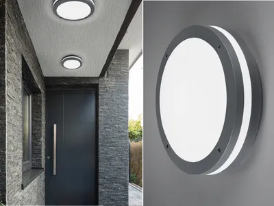 A collage showing exterior lights on a house and a close-up of one light.