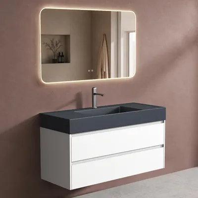 Produktbild von doporro Badmöbel Set mit Waschtisch Badezimmer Unterschrank Wandmontage Waschbeckenunterschrank Matt Weiß 120x48x63cm inkl. Waschbecken aus Mineralguss und LED-Badpiegel Deep