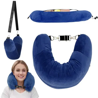 Productafbeelding van Opblaasbaar neksteunkussen, 80 x 18,5 cm, reiskussen om te vullen met kleding, blauw