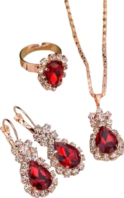 Produktbild von 3 Teile/satz Ohr Clip Helle Farbe Legierung Halskette Ohrringe Ring Set Wasser Tropfen Strass Anhänger Halskette Ohrringe Ring Schmuck Zubehör-Rot