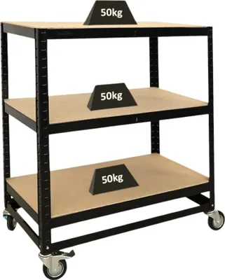 Produktbild von Kommissionierwagen BÜFFEL | HxBxT 100x90x50cm | 3 Ebenen | Fachlast 50kg | 4 Lenkrollen, davon 2 mit Feststellbremse | Schwarz | Fahrbares Kommissionierregal, Regal auf Rollen, Regalwagen