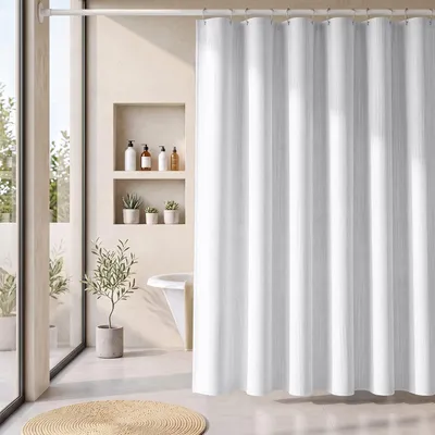 Produktbild von Textil Duschvorhang Wannenvorhang wasserabweisend Leinenoptik inkl. 12 Ringe 180x200cm Weiß