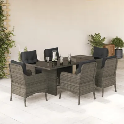 Produktbild von Design 7-tlg. Garten-Essgruppe mit Kissen Grau Poly Rattan, Gartenmöbel-Sets 2024 Neu
