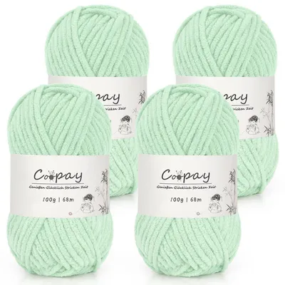 Image de Fil chenille pour crochet et tricot, 4 pelotes de 100g, vert clair, 100% polyester