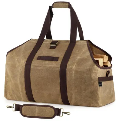 Productafbeelding van Kaminhouttas, boodschappentas, houtentas, khaki, 63x25x43 cm, gewaxt zeildoek, waterdicht